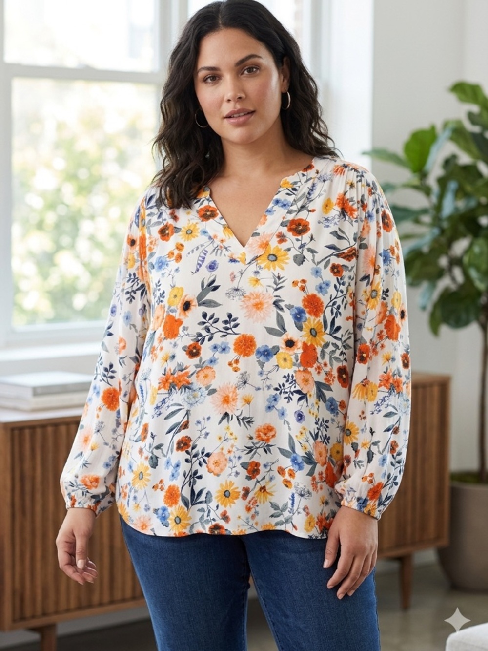 St. John's Bay White Floral V-Neck Tunic with Orange & Blue Flowers Size 3X